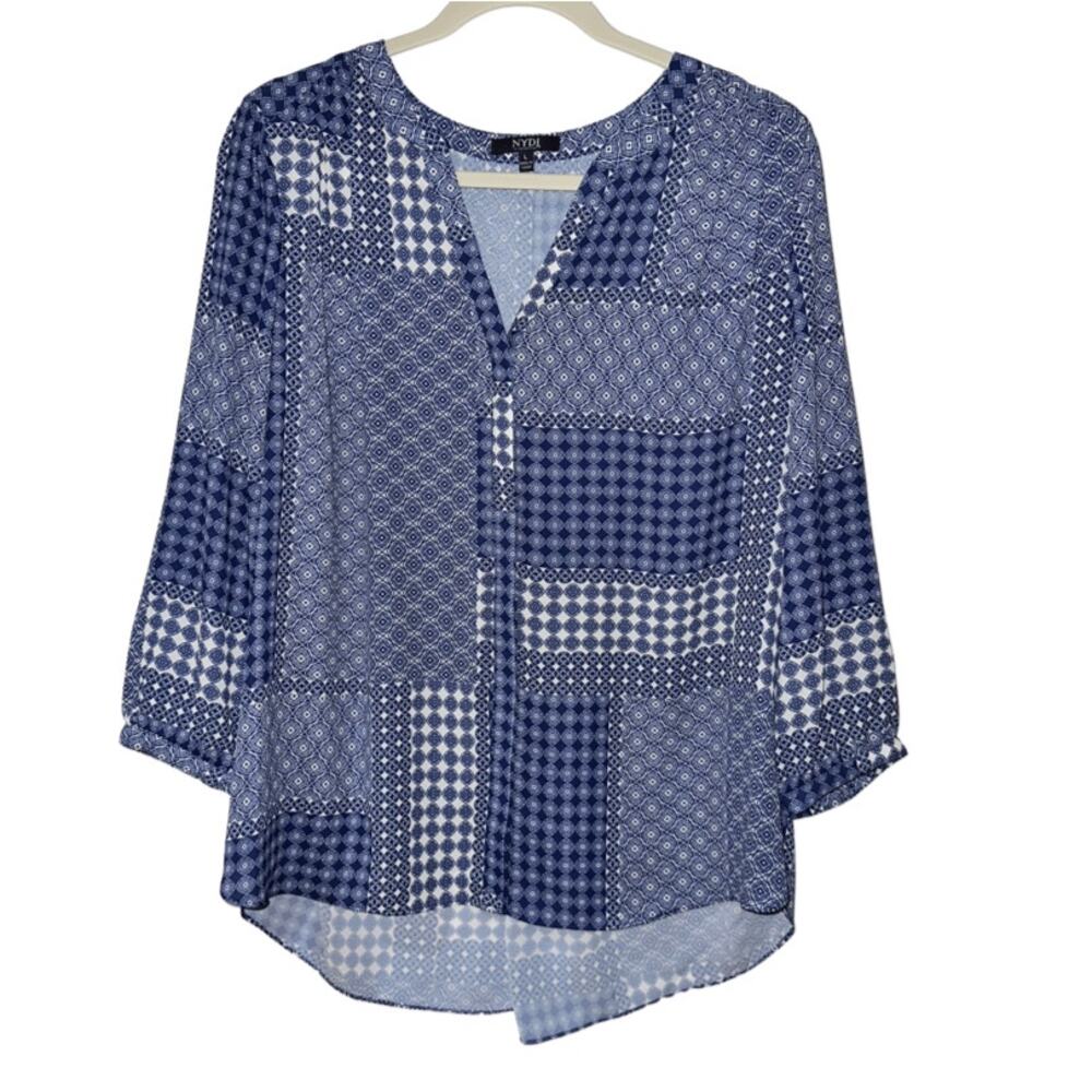 NYDJ Blue Multi Print Button Up Blouse Large